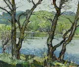 Millard Sheets, Trees at the edge of a river, oil on canvas