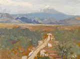 Hermann Dudley Murphy, El Popo (Popocatépetl) from Cortés Palace, circa 1930, oil on panel