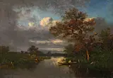 Léon-Victor Dupré, Boats in a stream, oil on canvas