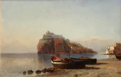 Eduardo Federico de Martino, A view of the island of Ischia with beached fishing boats in the foreground, oil on canvas