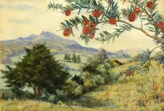 An extensive landscape with a branch of red berries in the foreground by Margaret Tarrant, watercolor heightened with white, offered Nov 2014