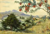 Margaret Tarrant, An extensive landscape with a branch of red berries in the foreground, watercolor heightened with white
