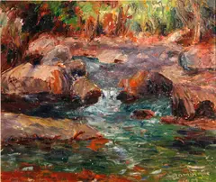John August Dominique, Small cascade, 1959; Blue hills, Ojai (two), first oil on canvas affixed to board; second oil on board