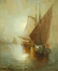 Sailboats in moonlight; By the Zuyderzee, Holland; Near Coniston Water, England (group of three) by George Thompson-Pritchard, first and second oil on canvas; third oil on canvas affixed to board, sold Nov 2014