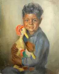 Portrait of a young boy holding toys by John Hubbard Rich, watercolor on paper, sold Nov 2014