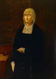 Bartolomeo Passarotti, A portrait of an elderly woman, three-quarter length, standing by a table, oil on panel