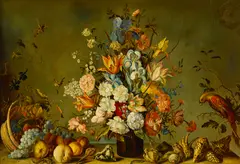 Balthasar van der Ast, A still life with a vase of flowers, a basket of fruit, sea shells and a parrot, oil on panel