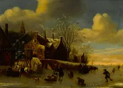 Balthasar van der Veen, A winter landscape with figures on a frozen river, oil on panel