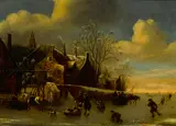 Balthasar van der Veen, A winter landscape with figures on a frozen river, oil on panel