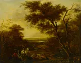 Jan Asselijn, A wooded landscape with huntsmen and their dogs, oil on canvas