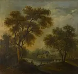 Pieter Nolpe, A wooded landscape with figures by a river, oil on canvas
