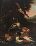 Melchior de Hondecoeter, Ducks and ducklings in an ornamental park, oil on canvas
