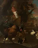 Adriaen van Oolen, A turkey, a pigeon, a peafowl, a ruff and a chicken with chicks in a park, oil on canvas