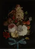 A still life of hanging fruit and flowers by Dutch School, oil on panel, sold Sep 2014