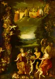 Hendrick van Balen the Younger, Figures celebrating with fruits of the harvest with the gods of Olympus feasting in the sky above, oil on panel