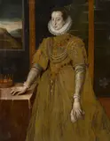 Alonso Sánchez Coello, A portrait of a noblewoman, three-quarter length, standing, her hand resting on a table, oil on canvas