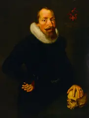 Samuel Hoffmann, A portrait of a gentleman, three-quarter length, standing by a table, his left hand resting on a skull, oil on panel
