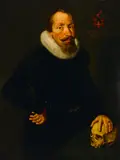 Samuel Hoffmann, A portrait of a gentleman, three-quarter length, standing by a table, his left hand resting on a skull, oil on panel