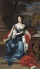 Willem Wissing, A portrait of Queen Mary II, full-length seated, in an ermine cloak, holding a tress of hair in her right hand, her crown resting on a table, with a palace in the background, oil on canvas