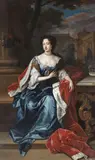 Willem Wissing, A portrait of Queen Mary II, full-length seated, in an ermine cloak, holding a tress of hair in her right hand, her crown resting on a table, with a palace in the background, oil on canvas