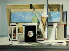 Richard Shaffer, Bodegon VII: Maps and Cards, 1985-86, oil and paper collage on canvas