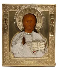 Icon of the Christ Pantocrator with the Apostles Saint Simeon and Saint Mark, Russia, Moscow, Old Believer workshop, late 19th century, tempera on wood, probably silver-gilt oklad, glass beads, paste stones, unmarked