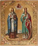 Russia, Palekh by Icon of Saint John the Merciful and Saint Catherine, 1875-1900, oil and tempera on wood with gilding, sold Sep 2014