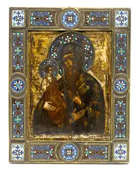 Icon of the three-handed Mother of God in silver and cloisonné enamel oklad, tempera on wood, gilding, silver, marked with Cyrillic maker's mark 'AT' for unknown maker, St. Petersburg, late 19th century, 84 standard