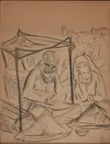 Svetoslav Roerich, The saffron sellers, charcoal on paper mounted on composite board