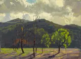 Paul A. Grimm, The road to the ranch; Trees and storm clouds; The old dock (three), first and second oil on board; third oil on canvas affixed to board