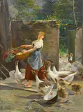 Frederick Bons, Tending to the geese, oil on canvas