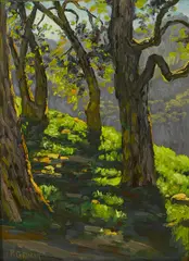 Paul A. Grimm, Trees along a ridge, oil on board