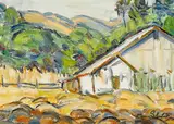 Donna N. Schuster, A farmhouse in the foothills, oil on canvas affixed to board