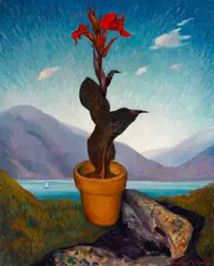 Still life with a view of a lake beyond by Alexander Warshawsky, oil on canvas, sold Sep 2014
