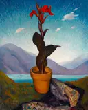 Alexander Warshawsky, Still life with a view of a lake beyond, oil on canvas