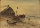 Granville Perkins, Fishing hut and breaking waves, watercolor on paper affixed to board