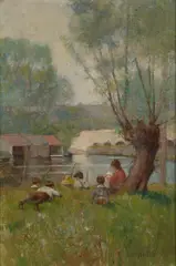 Louis D. Norton, Children fishing on a river bank, oil on canvas affixed to board