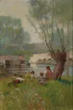 Louis D. Norton, Children fishing on a river bank, oil on canvas affixed to board