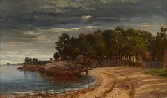 François de Blois, Fisher folk along a beach with shacks beyond, oil on canvas