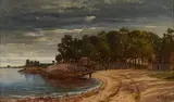 François de Blois, Fisher folk along a beach with shacks beyond, oil on canvas