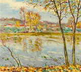 Figures under a cyprus overlooking sailboats in a bay; Houses on the shore (2) by Hugo Melville Fisher, first oil on canvas; second oil on canvas affixed to board, sold Sep 2014