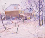 Farmhouse in winter by American School, oil on canvas, offered Sep 2014