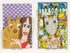 James Rizzi, Big Dog, Big Cat, 1997, Lithograph in colors with collage on wove paper