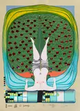 Homage to Schröder-Sonnenstern (Poster version)  (K. 56) by Friedensreich Hundertwasser, 1972, Screenprint in colors on gray-brown paper, unsigned, stamp numbered 02832/4200 (the total edition was 4,616), sold Sep 2014