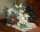 Flowers and music by Eugène Henri Cauchois, oil on canvas, offered Aug 2014