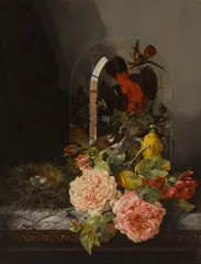 Ellen Maria Ladell, A still life with roses, a bell jar and a bird's nest on a table, oil on canvas