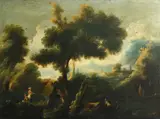 Venetian School, An extensive landscape with washerwomen in the foreground
