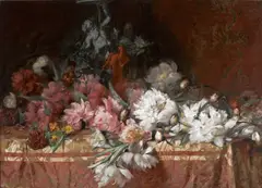 Cabbage roses on a table by Emile Vloors, oil on canvas, offered Aug 2014