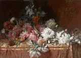 Emile Vloors, Cabbage roses on a table, oil on canvas