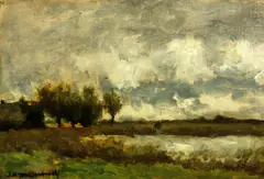 Johan Hendrik Weissenbruch, A polder landscape under cloudy skies, oil on panel